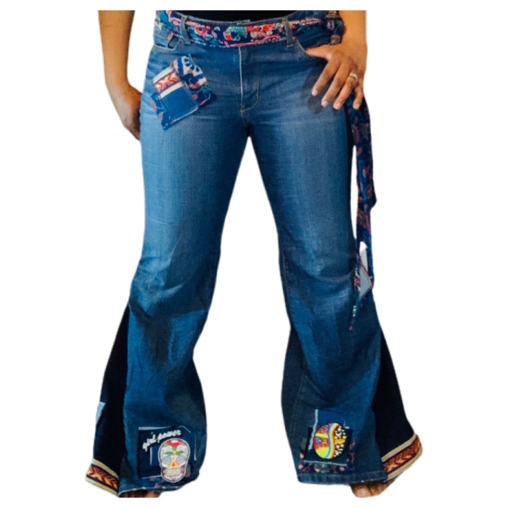 Handmade Boho Flare Jeans Bell Bottom Women’s Jeans Upcycled - Picture 4 of 11